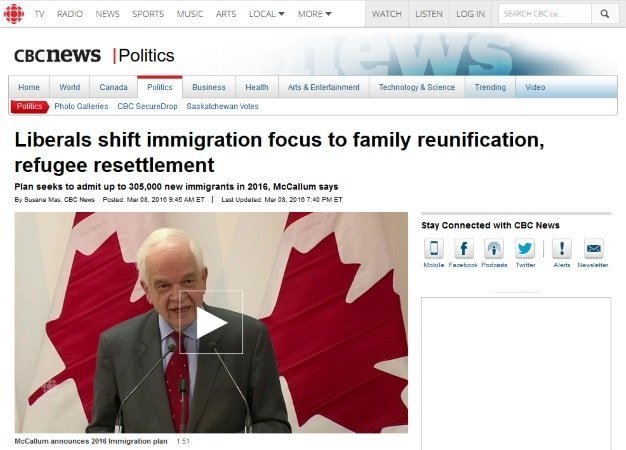 Sitio web de la CBC mostrando la noticia del plan de inmigración a Canadá