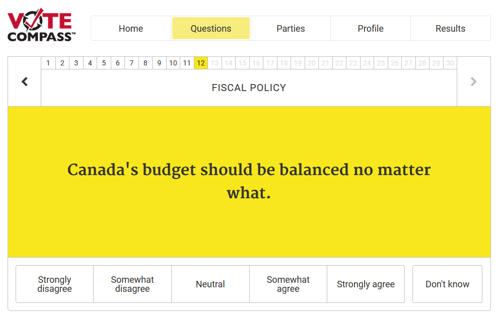 La brújula electoral nos permite ver cómo se alinean nuestras ideas y expectativas con respecto a las propuestas de cada partido. (Captura de pantalla de votecompass.cbc.ca)