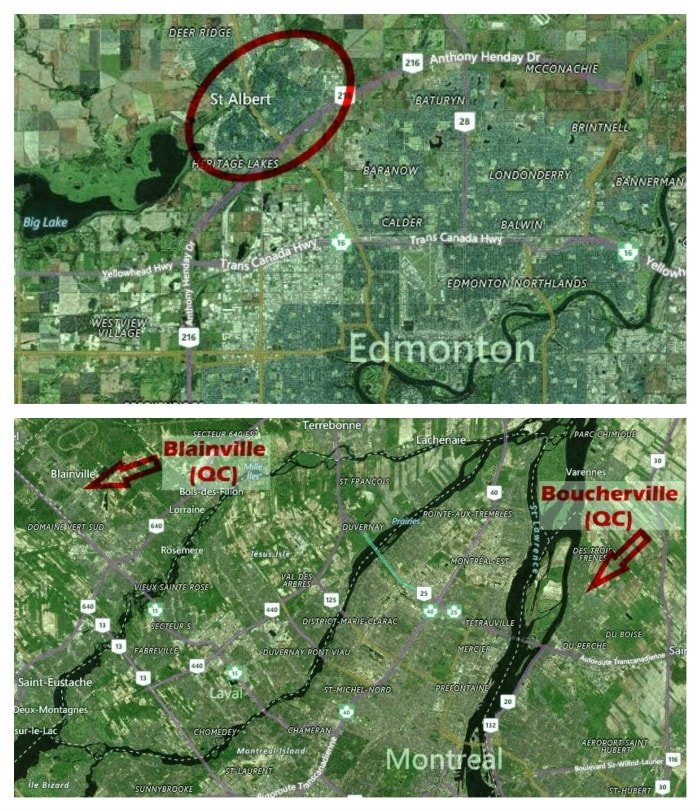 Los mejores lugares para vivir en Canadá (2016) 4 Arriba: St. Albert (Alberta). Abajo: Blainville y Boucherville (Quebec). Imágenes: Bing Maps