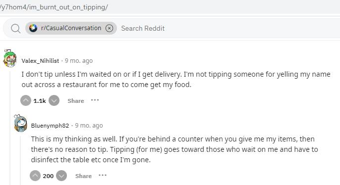 Personas en Reddit que se sienten quemadas por que ya piden propina por todos lados.