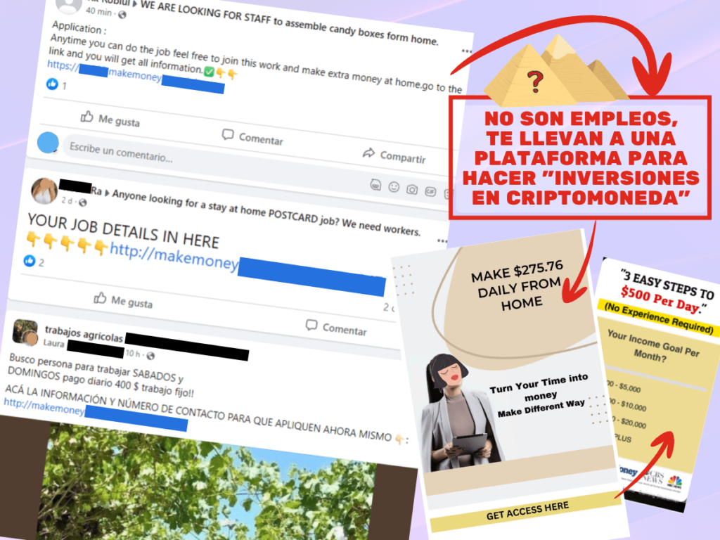Anuncios en grupos de Facebook ofreciendo un falso trabajo
