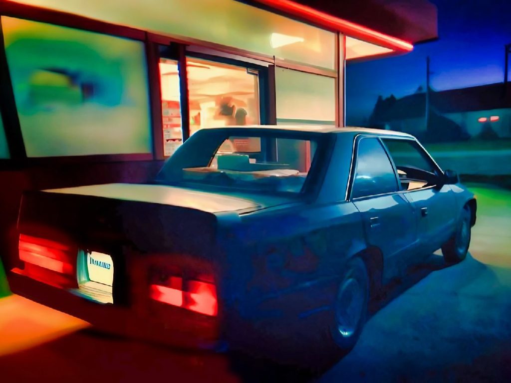 Automóvil a la ventana de un drive-tru o servicio al auto en un restaurante de comidas rápidas.
